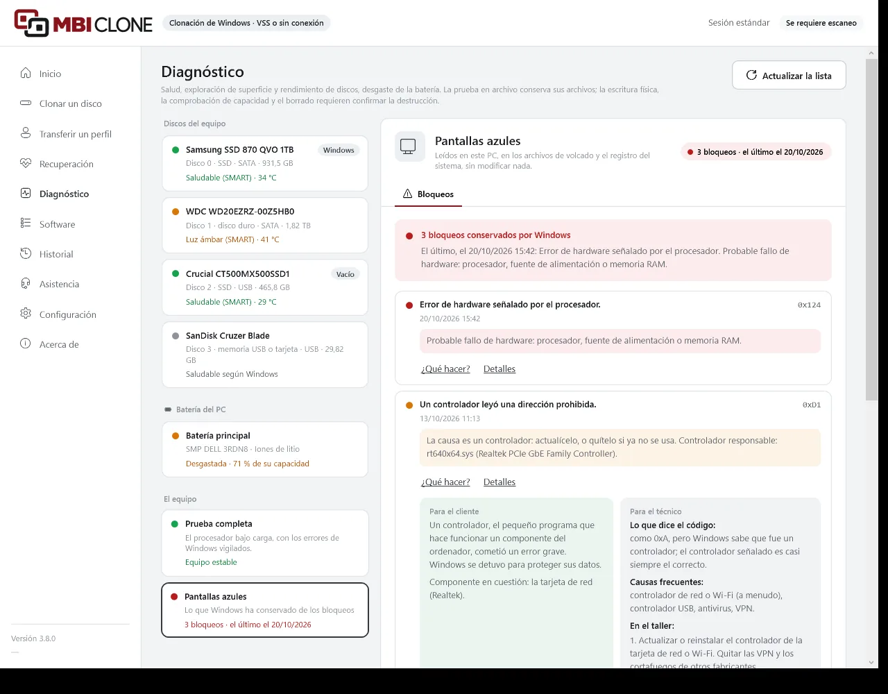 Pantallas azules en MBI Clone: tres bloqueos conservados por Windows, cada uno con su frase, su código y el controlador responsable y, después, «¿Qué hacer?» abierto, para el cliente y para el técnico