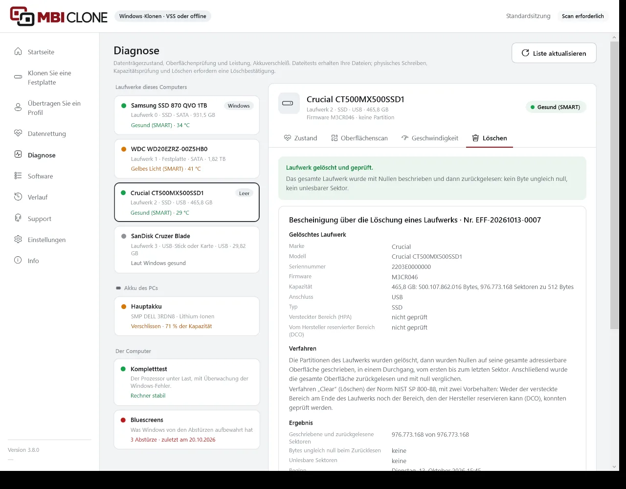Registerkarte Löschen in MBI Clone: Datenträger gelöscht und geprüft, dann die Bescheinigung über die Löschung mit Datenträger, Verfahren, Ergebnis und Datumsangaben