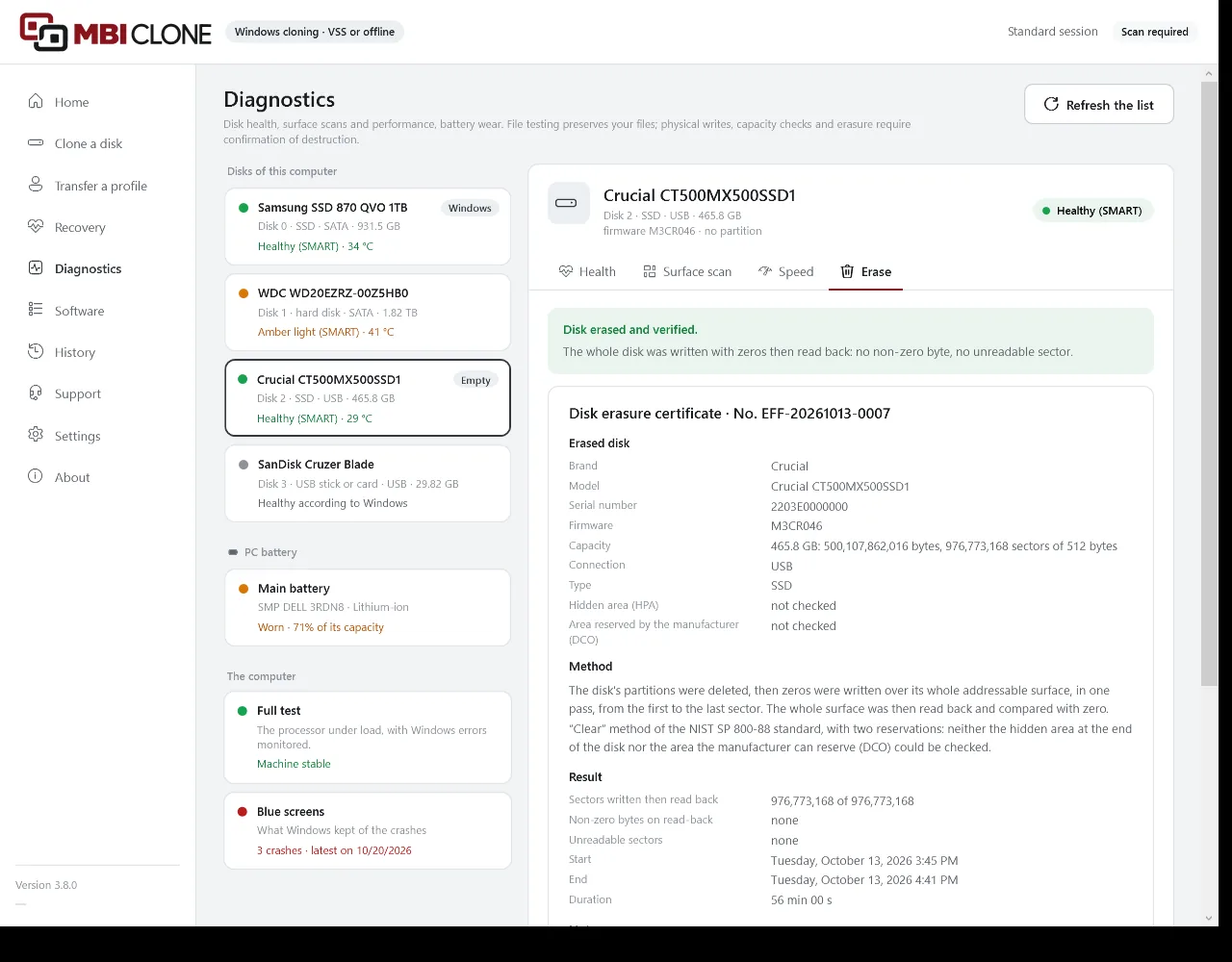MBI Clone Erase tab: disk erased and verified, then the erasure certificate with the disk, the method, the result and the dates