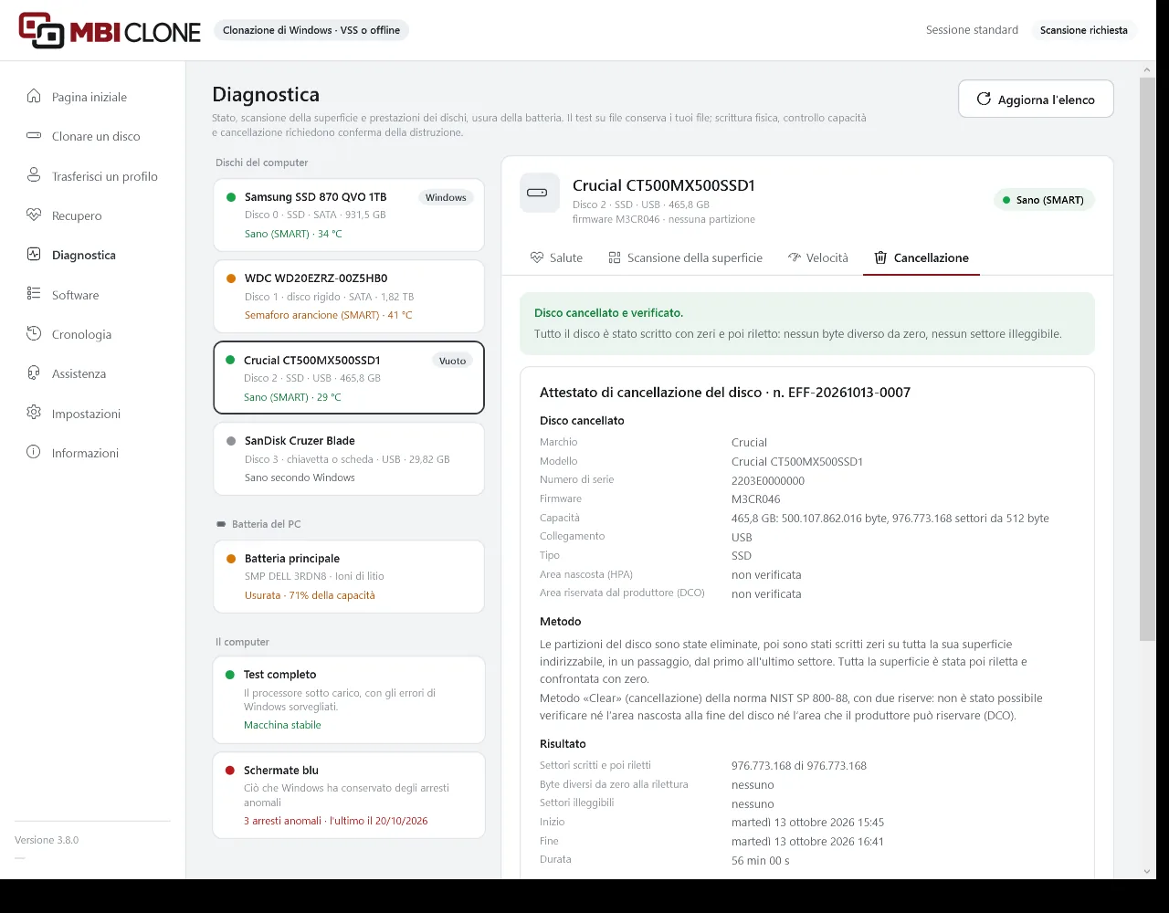 Scheda Cancellazione di MBI Clone: disco cancellato e verificato, poi l’attestato di cancellazione con il disco, il metodo, il risultato e le date