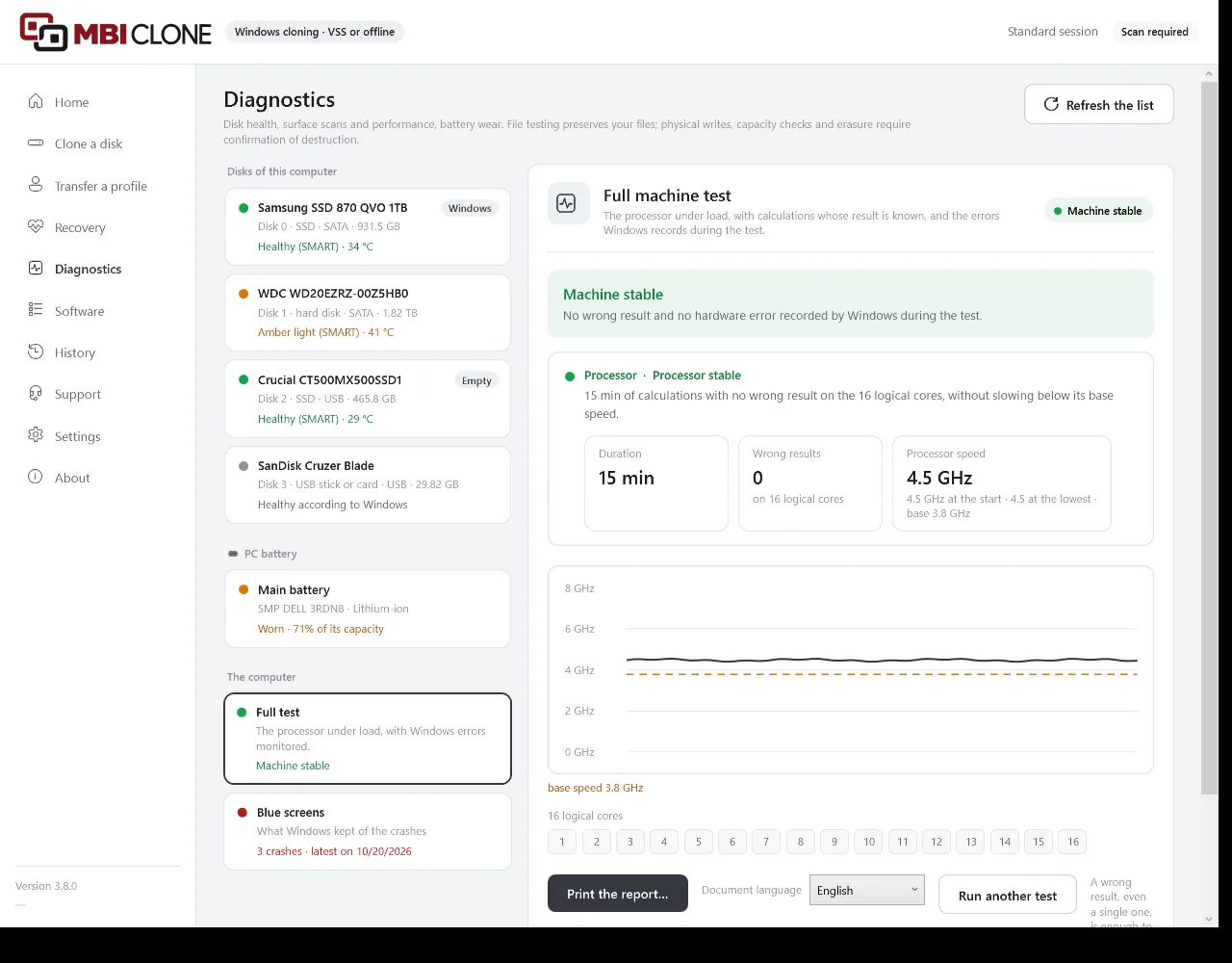 Full test of the machine in MBI Clone: machine stable, the processor tested for 15 minutes with no wrong result on 16 logical cores, its speed curve, then the report to print