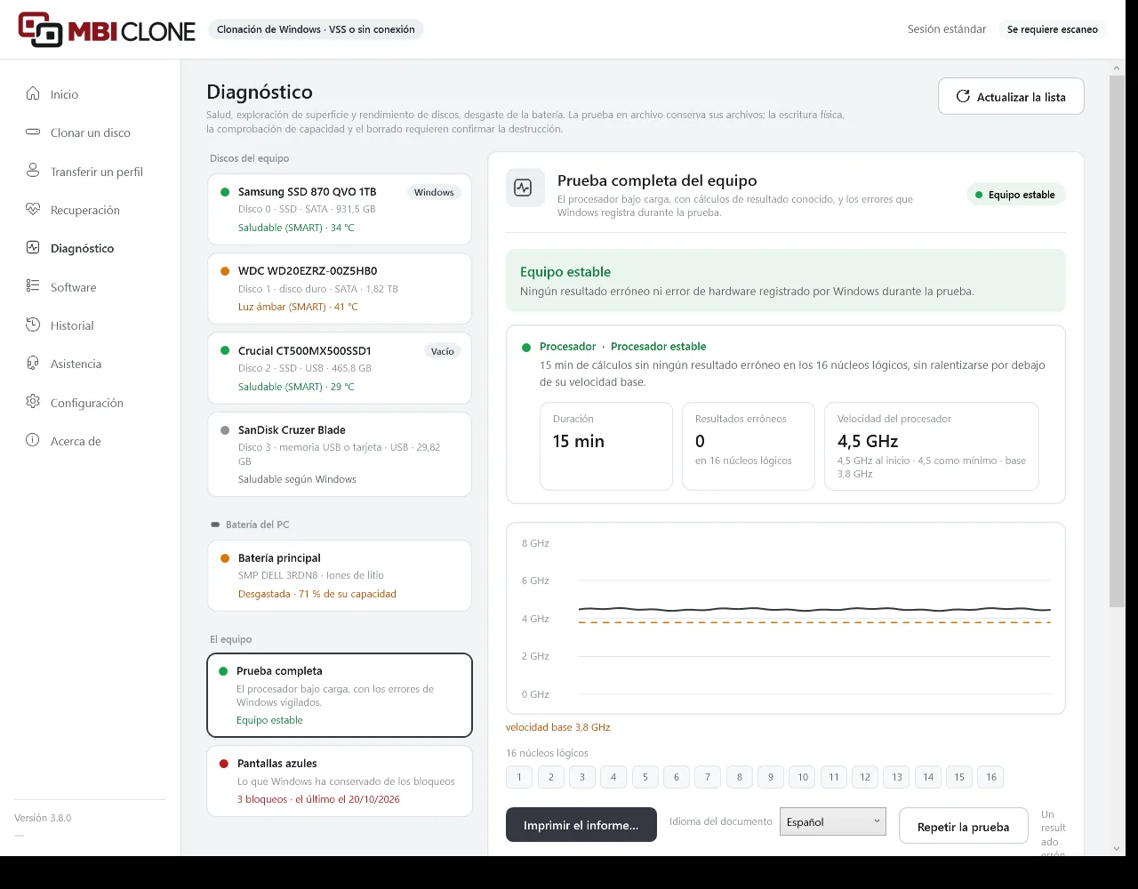 Prueba completa del equipo en MBI Clone: equipo estable, el procesador probado durante 15 minutos sin ningún resultado erróneo en 16 núcleos lógicos, la curva de su velocidad y, después, el informe para imprimir