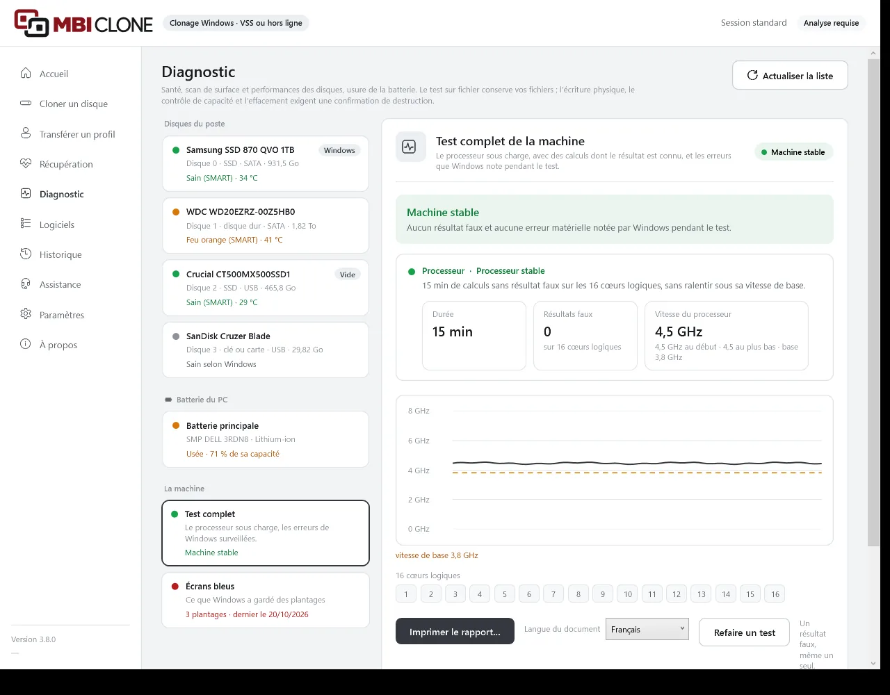 Test complet de la machine dans MBI Clone : machine stable, le processeur testé 15 minutes sans résultat faux sur 16 cœurs logiques, la courbe de sa vitesse, puis le rapport à imprimer