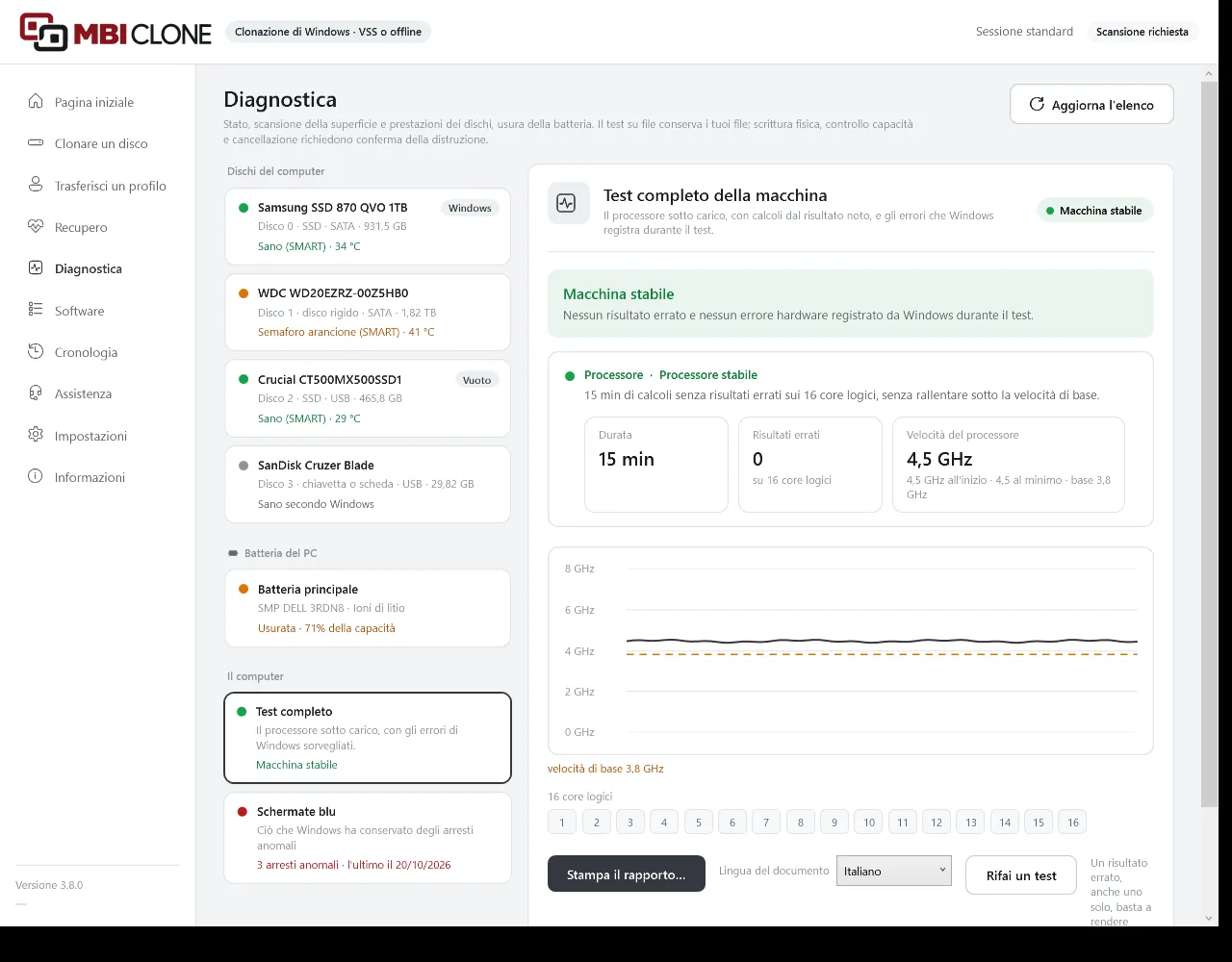 Test completo della macchina in MBI Clone: macchina stabile, il processore testato per 15 minuti senza risultati errati su 16 core logici, la curva della sua velocità, poi il rapporto da stampare